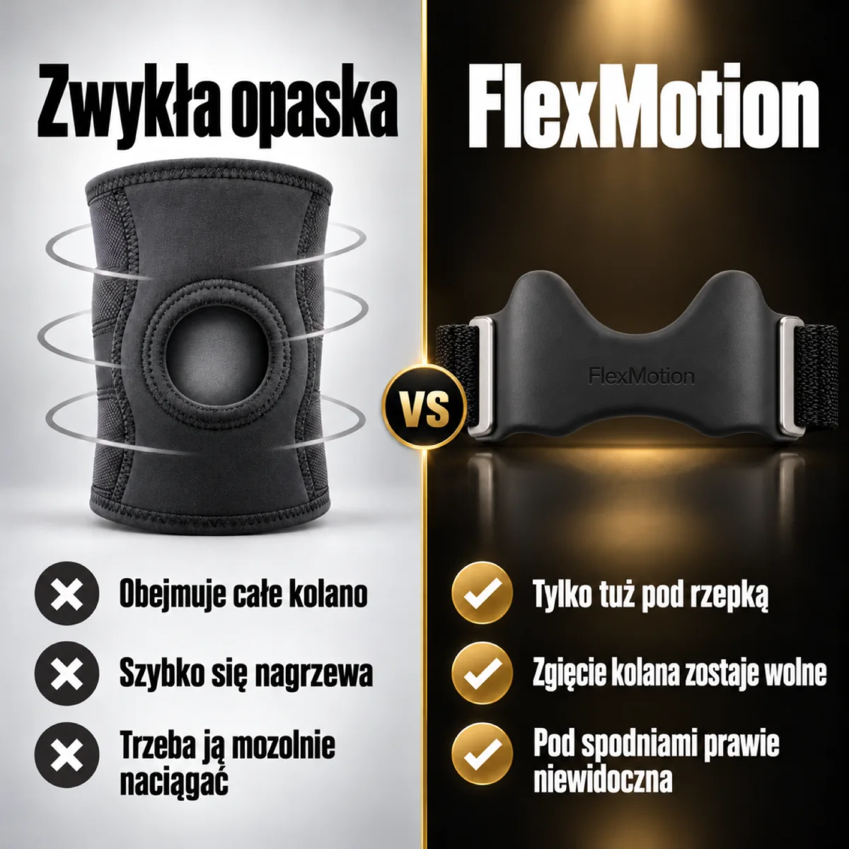 Porównanie: zwykła opaska obejmuje całe kolano, szybko robi się w niej ciepło i trzeba ją z trudem wciągać. FlexMotion leży tylko tuż pod rzepką, zostawia wolne zgięcie kolana i prawie nie widać jej pod spodniami.