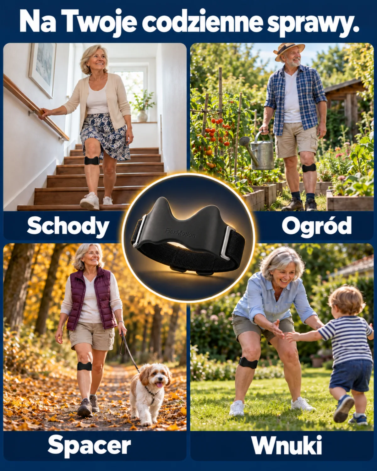Na codzienne sprawy: cztery zdjęcia seniorek i seniorów z opaską FlexMotion pod kolanem, na schodach, w ogrodzie, na spacerze z psem i przy zabawie z wnukiem