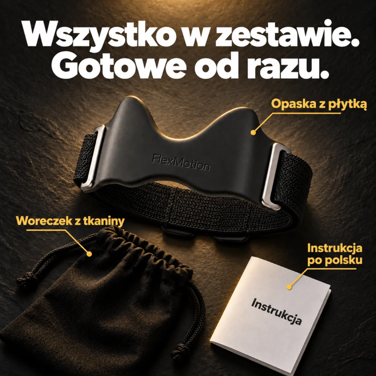 Zawartość zestawu: opaska FlexMotion z płytką, czarny woreczek z tkaniny i instrukcja po polsku na ciemnym łupku
