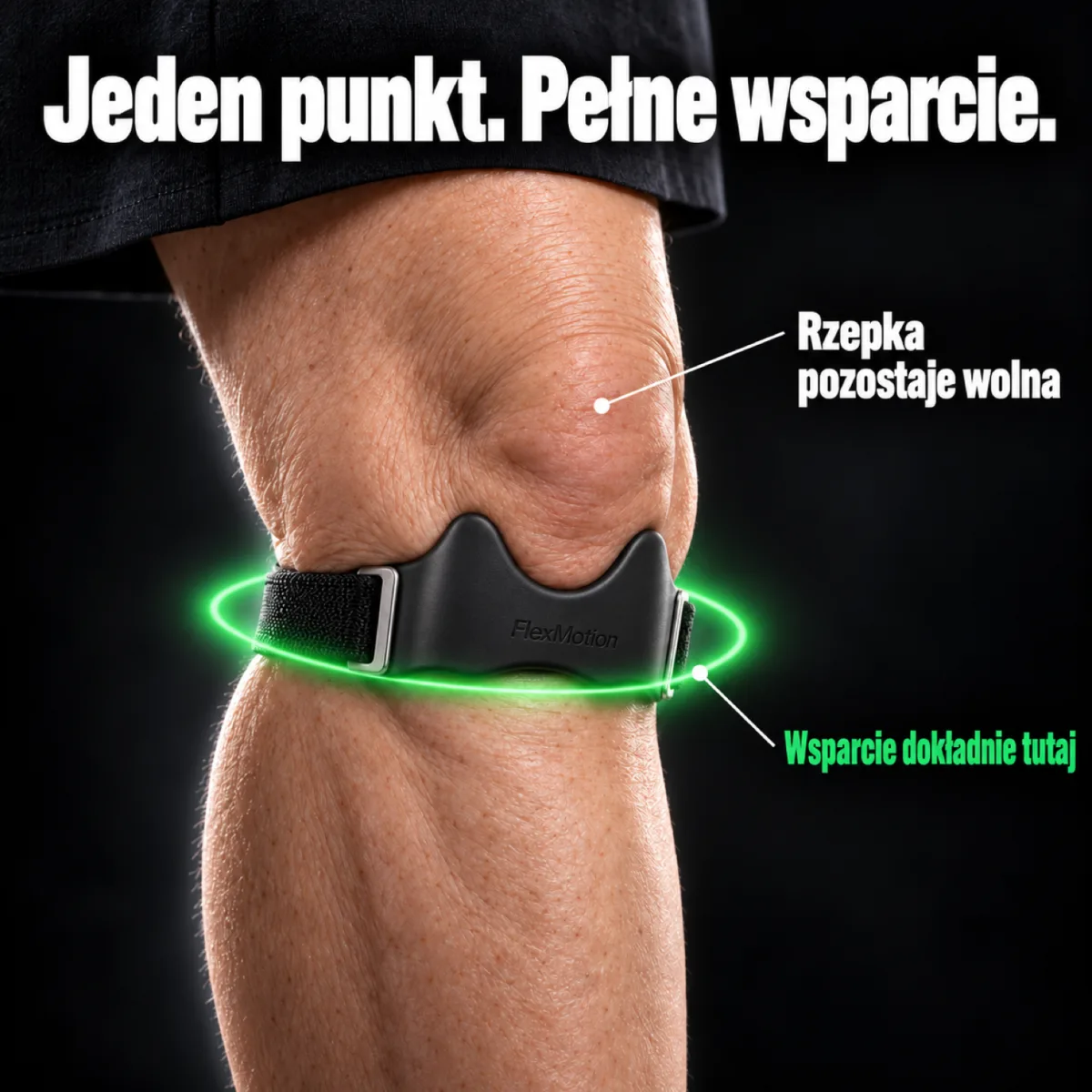 Kolano starszej osoby na czarnym tle, FlexMotion tuż pod rzepką, zaznaczone na zielono: jeden punkt, pełne wsparcie; rzepka zostaje wolna