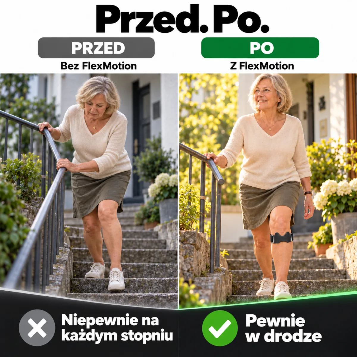Przed i po na tych samych schodach przed domem: po lewej ta sama kobieta bez FlexMotion, niepewnie przy poręczy, po prawej z opaską pod kolanem, wyprostowana i uśmiechnięta, pewnie w drodze