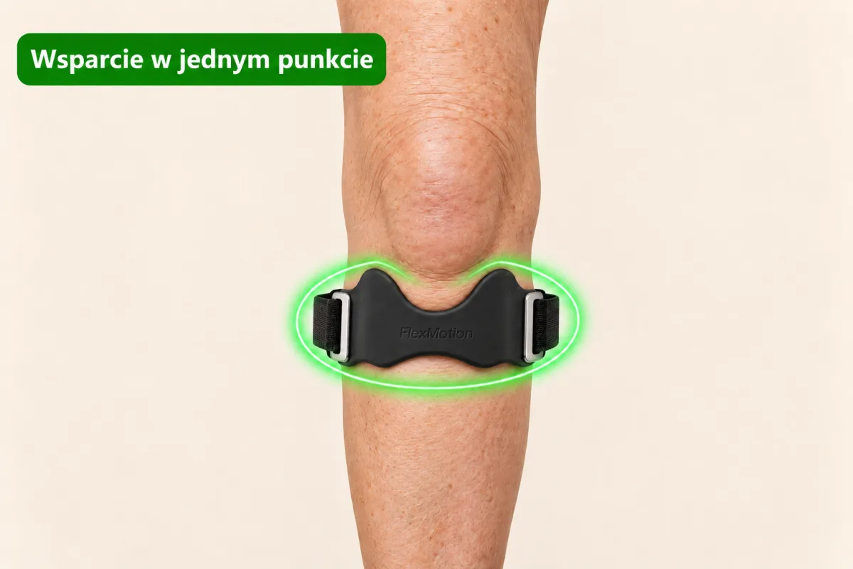 Kolano z opaską FlexMotion tuż pod rzepką, zaznaczone na zielono jako wsparcie w jednym punkcie; rzepka zostaje wolna