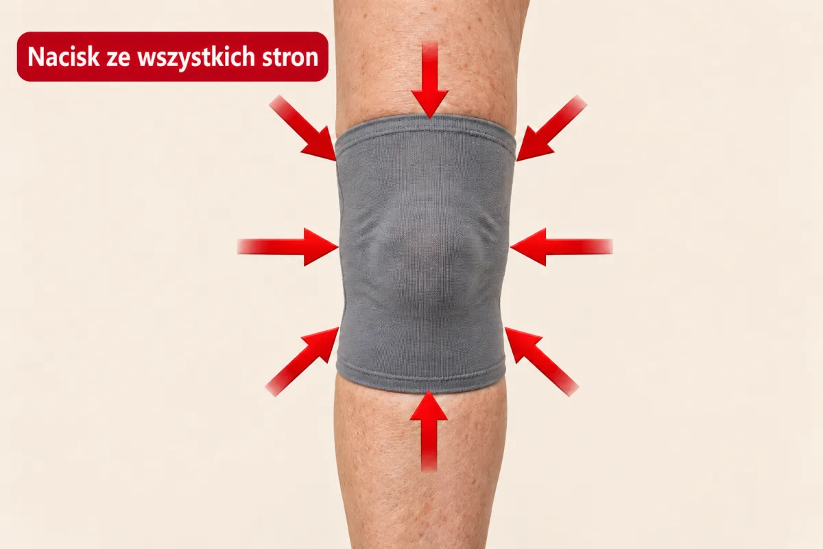 Kolano w szarej opasce, czerwone strzałki i napis: nacisk ze wszystkich stron