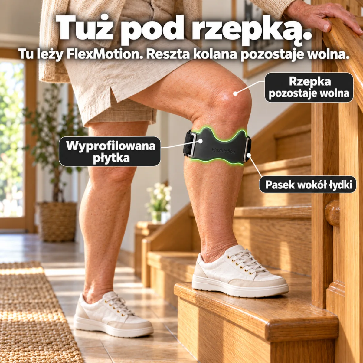 Kobieta stoi na najniższym stopniu schodów, opaska FlexMotion zaznaczona na zielono leży tuż pod rzepką