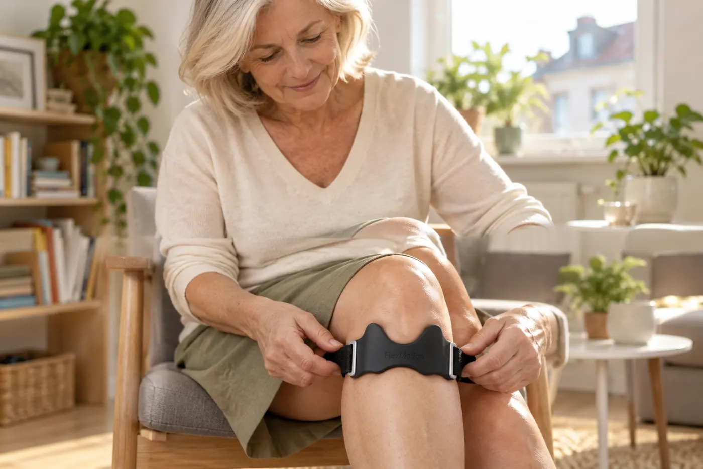 Kobieta zakłada opaskę FlexMotion w salonie